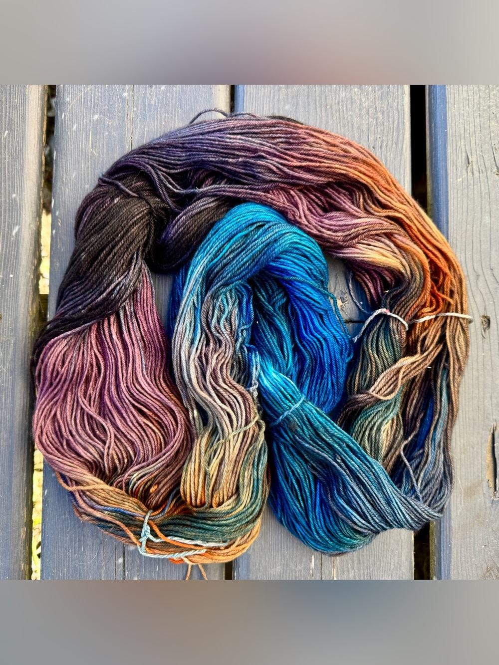 Hand-Dyed Multicolor Yarn Skein in Blue, Teal, Brown & Orange